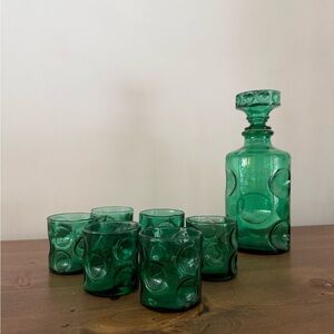 Vintage Rossini Glass Decanter – Emerald Green Thumbprint, Mid-Century Empoli